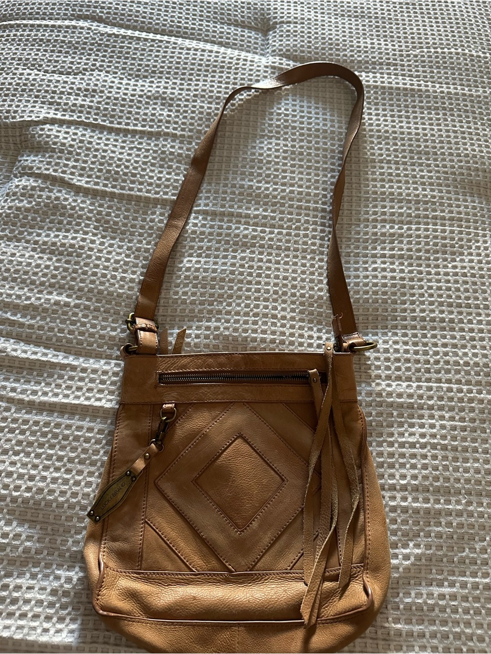 Lucky Brand Tan Leather Crossbody Bag with Tassel Detail